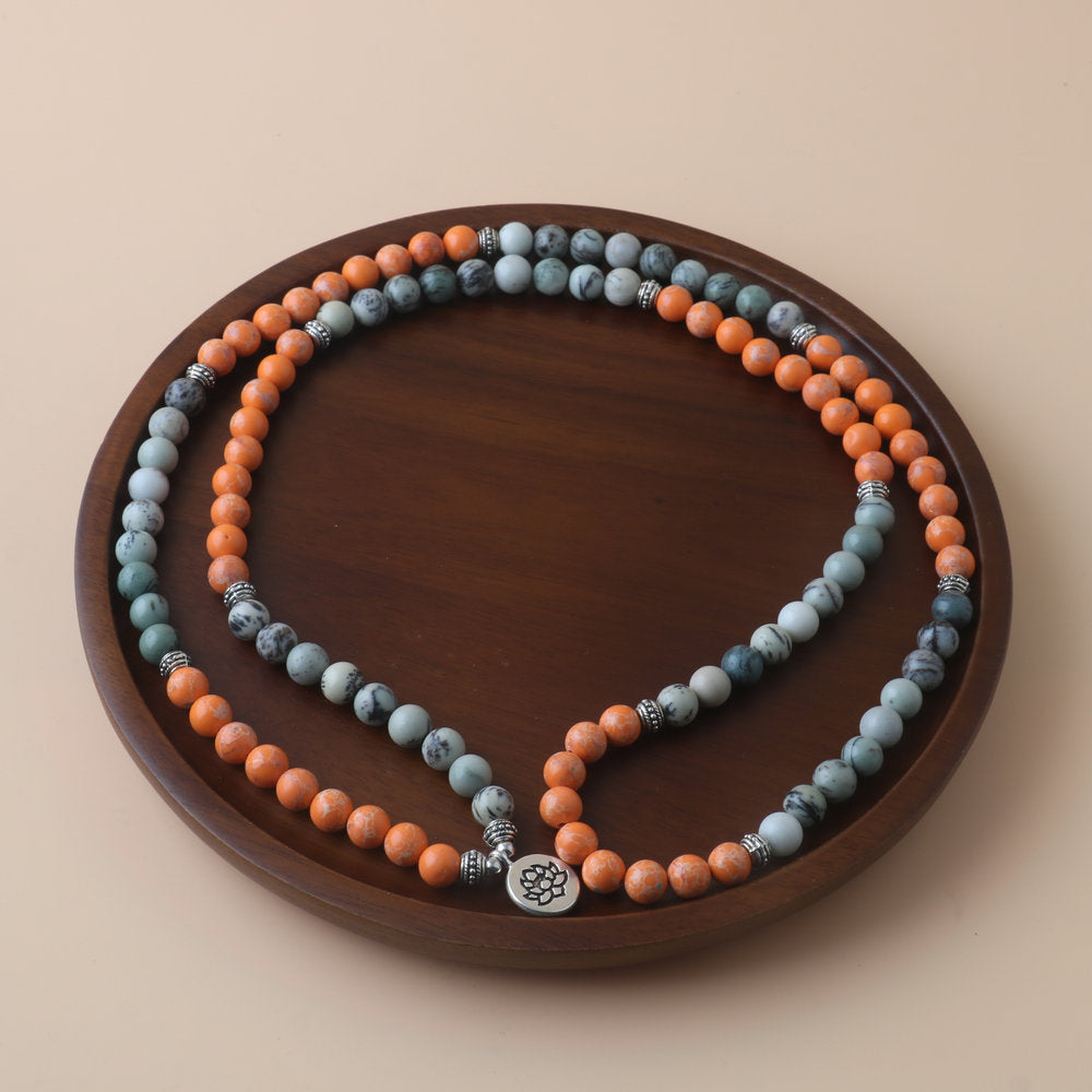 Letitdao Natural Stone 108 Beads Rosary Bracelet Necklace Lotus Pendant Necklace Imperial Stone