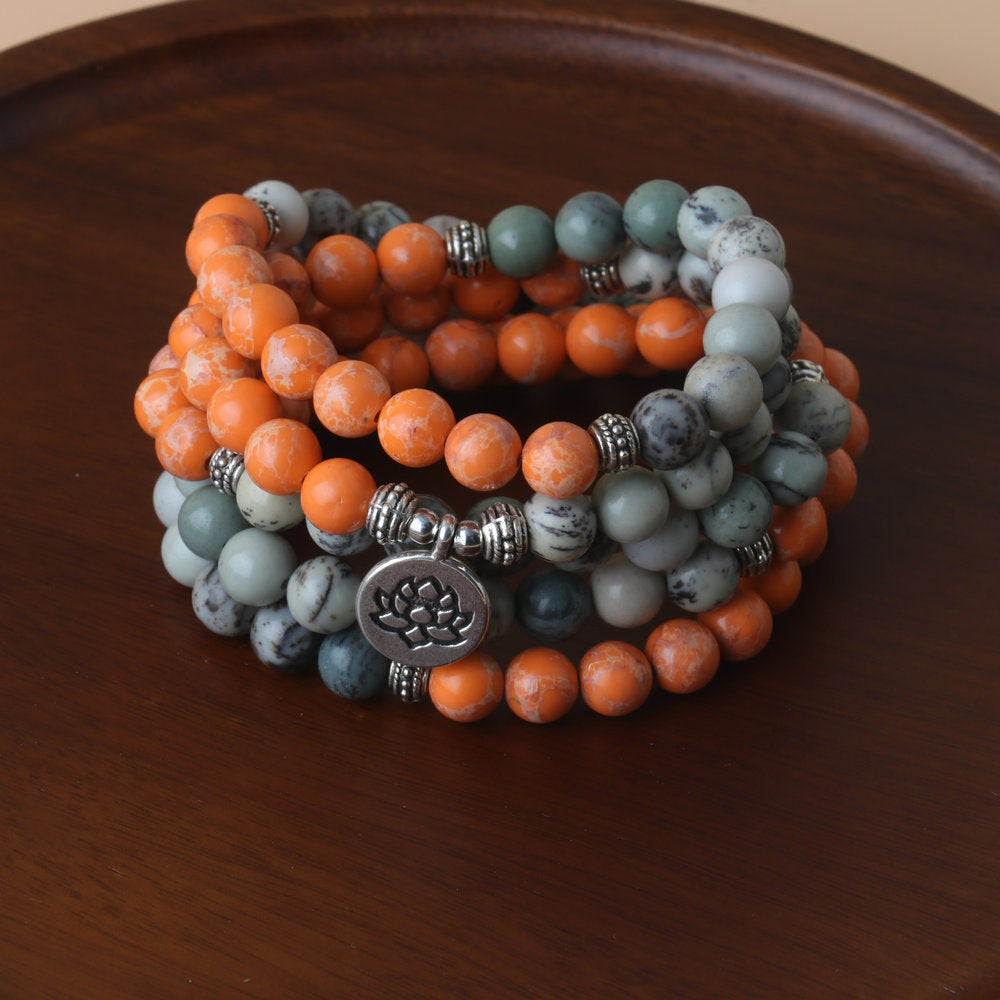 Letitdao Natural Stone 108 Beads Rosary Bracelet Necklace Lotus Pendant Necklace Imperial Stone