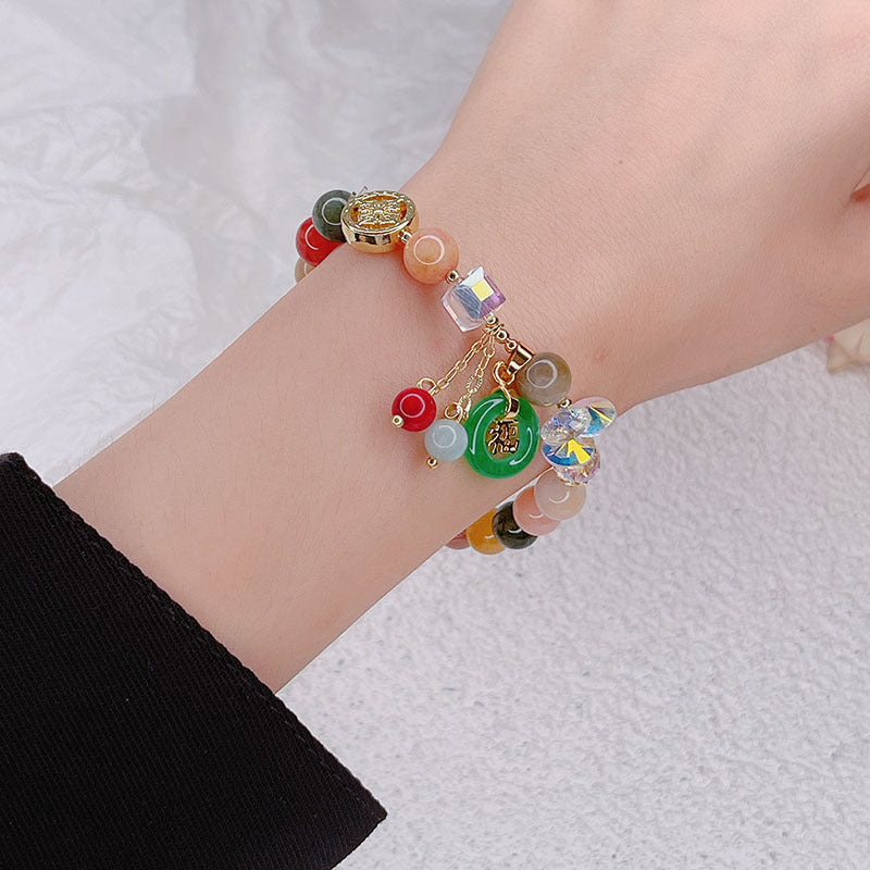 Letitdao Golden Jade & Strawberry Quartz & Jade Blessing Healing Bracelet
