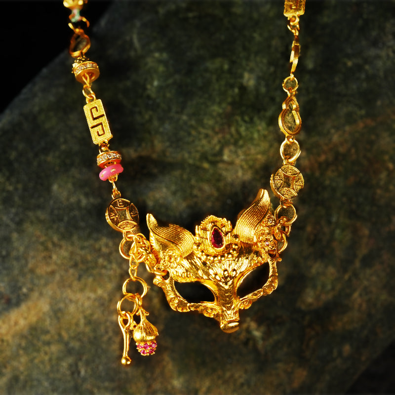 Y2K Gothic Fox Mask Choker Necklace Gold Plated Handmade Adjustable Lanyard Animal Spirit Pendant Jewelry Gift for Her