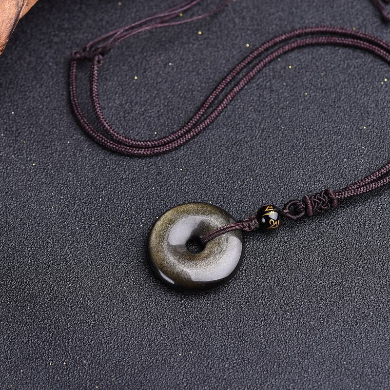 Letitdao Black Gold & Ice & Colorful & Gold Obsidian Peace Buckle Protective Necklace