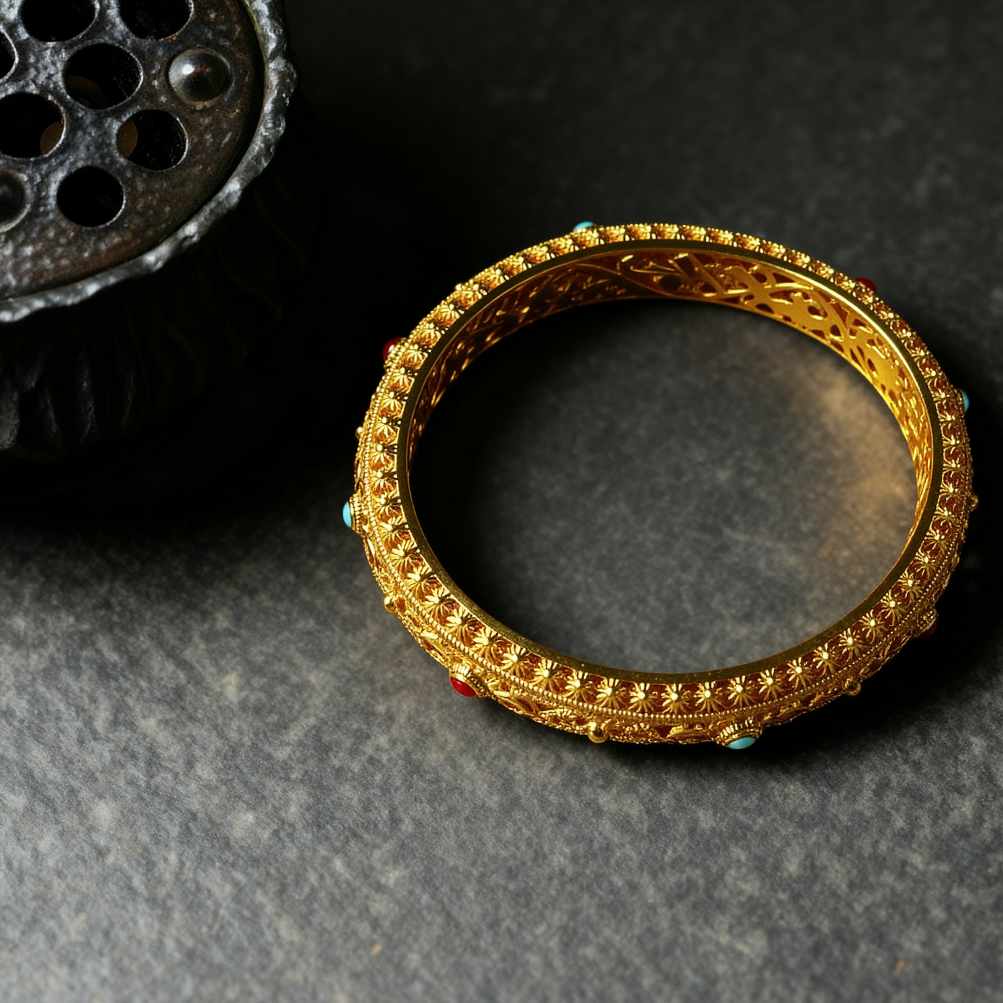 Letlt Dao Hollow Filigree Design Copper Plated Gold Wealth Bracelet Bangle Bracelet Vintage Palace Style Jewelry Gift