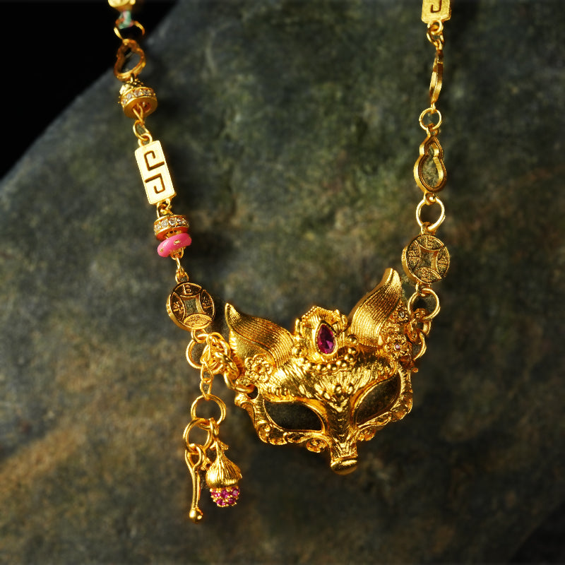 Y2K Gothic Fox Mask Choker Necklace Gold Plated Handmade Adjustable Lanyard Animal Spirit Pendant Jewelry Gift for Her