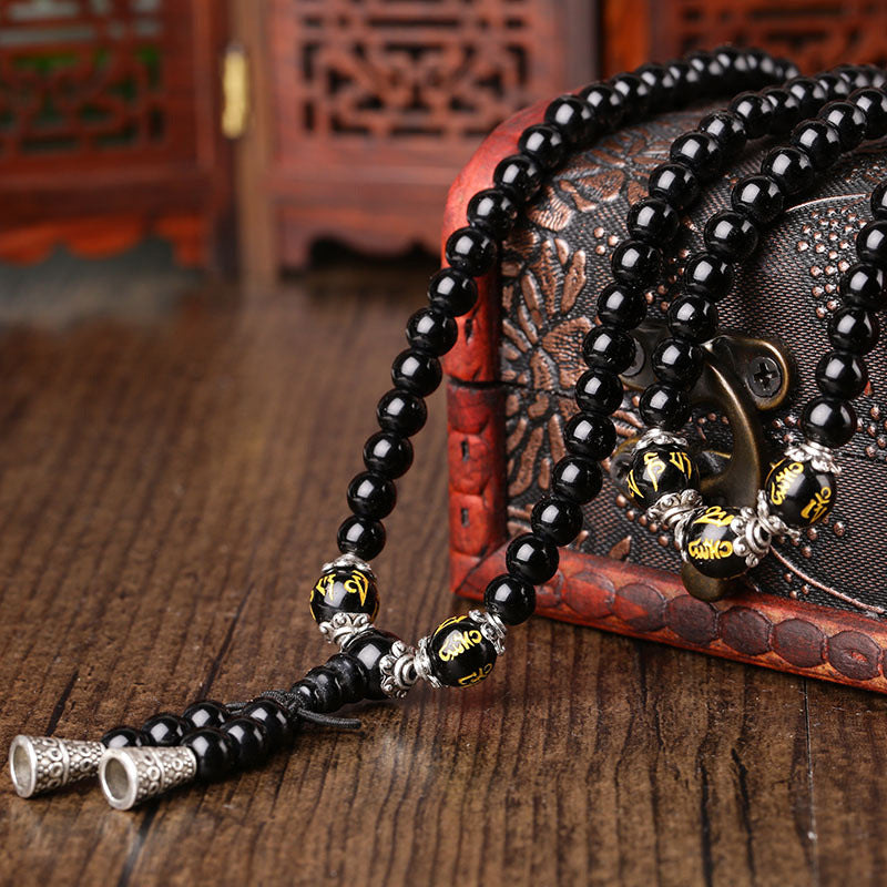 Letitdao 108 Obsidian Multi-Circle Bracelet With Six-Character Mantra Tiger Eye Stone