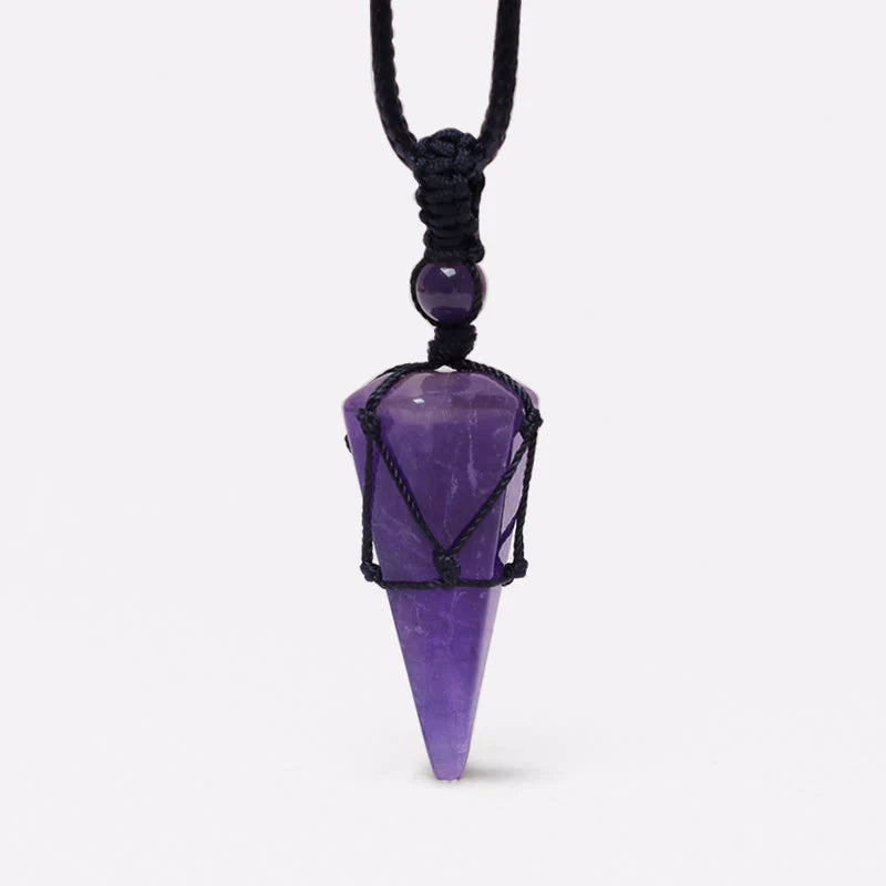 Letitdao Natural Stone Pointed Net Pocket Hexagonal Pillar Pendant Necklace(35MMX21MM)