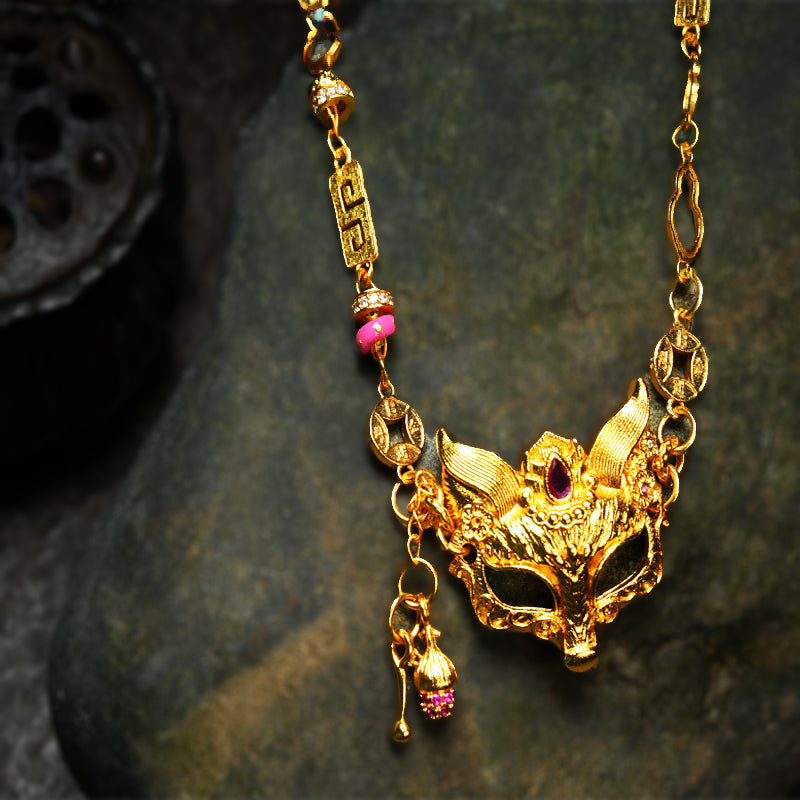 Y2K Gothic Fox Mask Choker Necklace Gold Plated Handmade Adjustable Lanyard Animal Spirit Pendant Jewelry Gift for Her