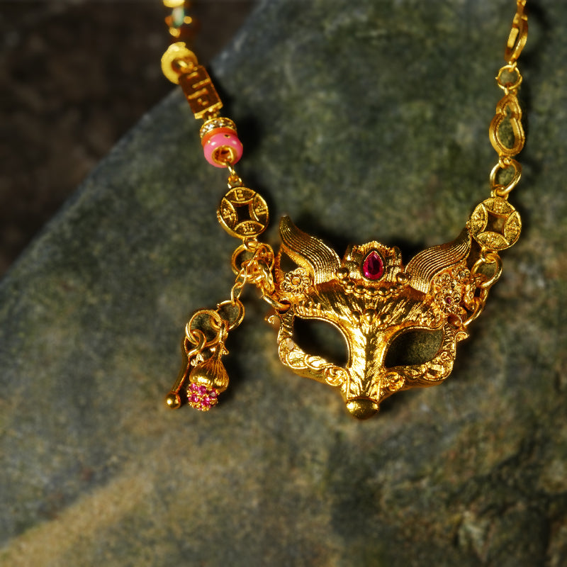 Y2K Gothic Fox Mask Choker Necklace Gold Plated Handmade Adjustable Lanyard Animal Spirit Pendant Jewelry Gift for Her