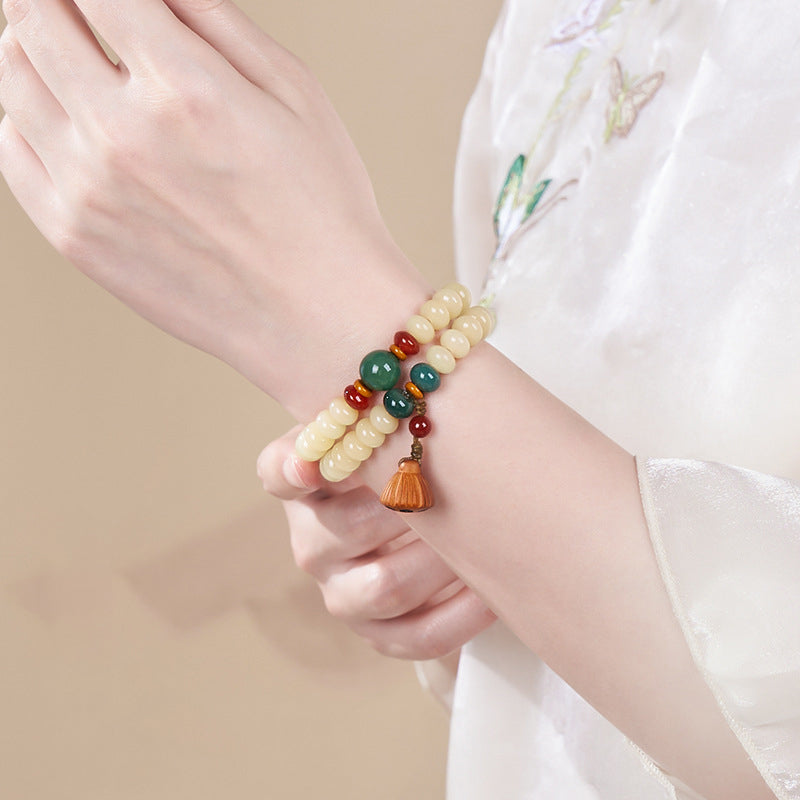 Letitdao Anxiety Relief Bracelet White Bodhi Seed and Wooden Lotus Pendant Necklace Bohemian Style Jewelry