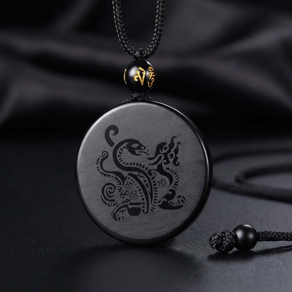 Letitdao Career Flow & Strategic Wisdom Pendant Black Obsidian “Xuanwu” Tortoise-Snake for Water Element Energy