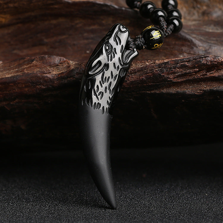 Letitdao Wolf Tooth Pattern Natural Ice Obsidian Courage Necklace Pendant