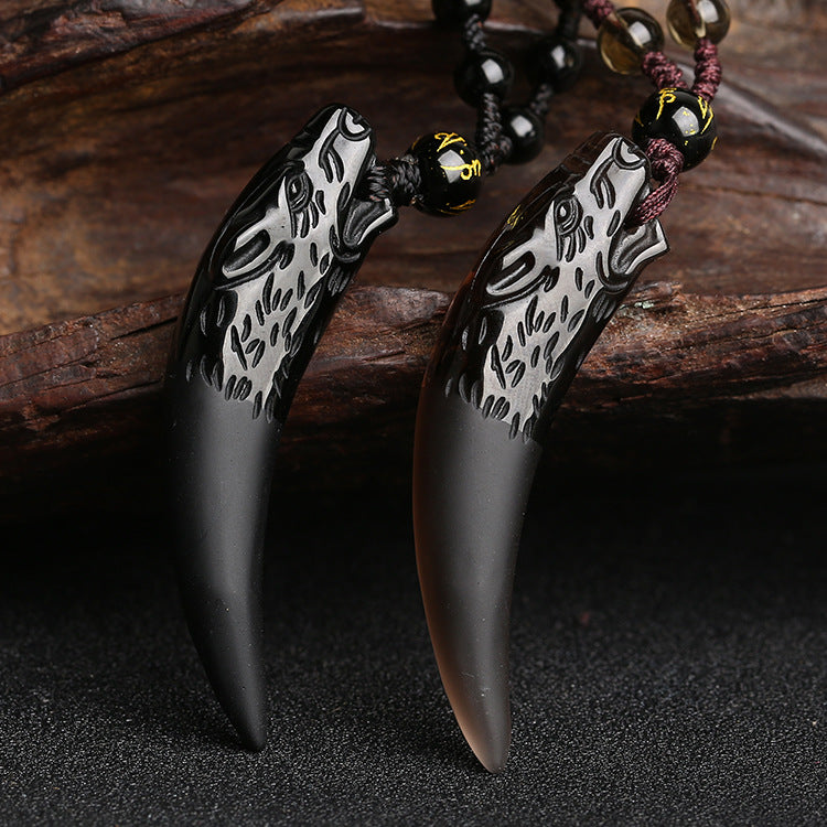 Letitdao Wolf Tooth Pattern Natural Ice Obsidian Courage Necklace Pendant