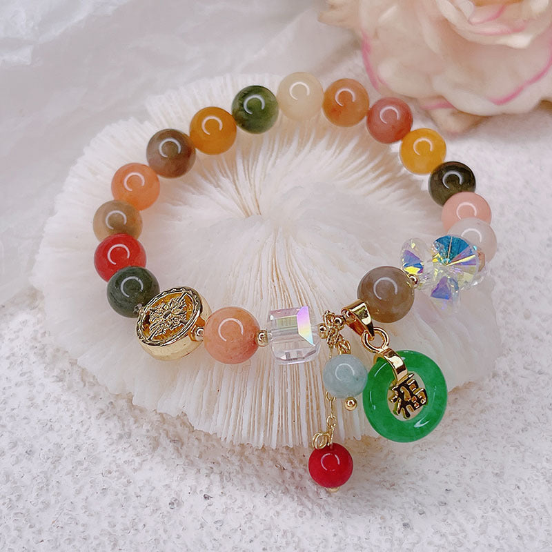 Letitdao Golden Jade & Strawberry Quartz & Jade Blessing Healing Bracelet