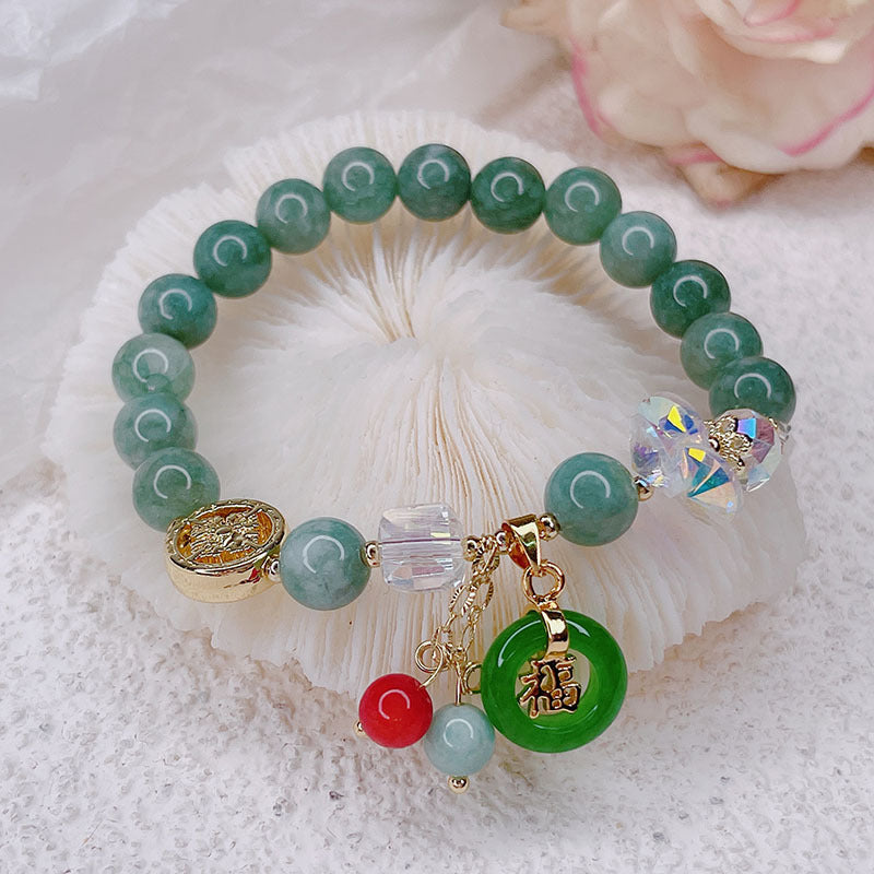 Letitdao Golden Jade & Strawberry Quartz & Jade Blessing Healing Bracelet