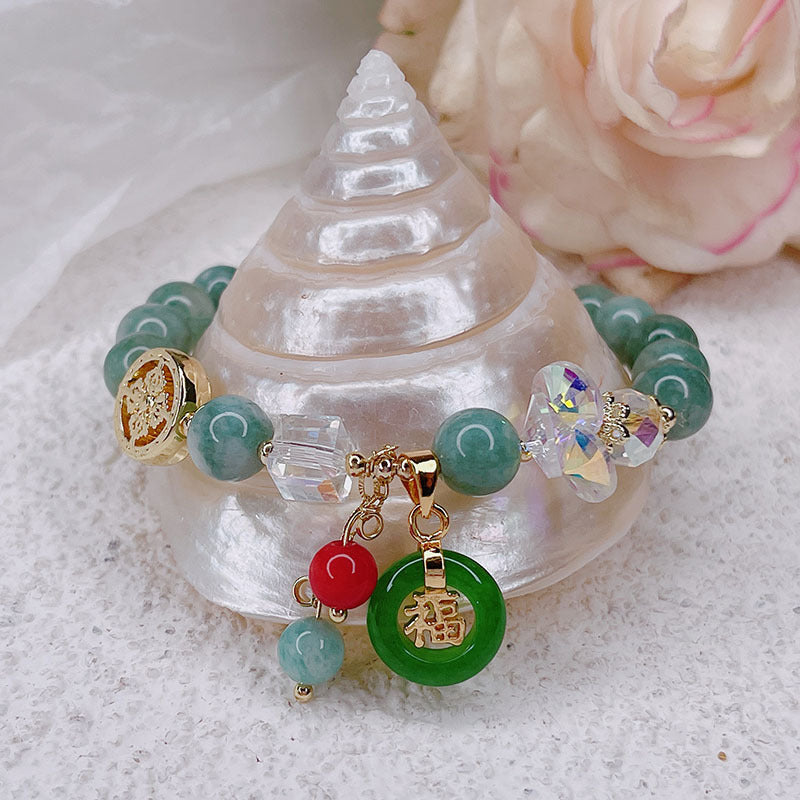 Letitdao Golden Jade & Strawberry Quartz & Jade Blessing Healing Bracelet