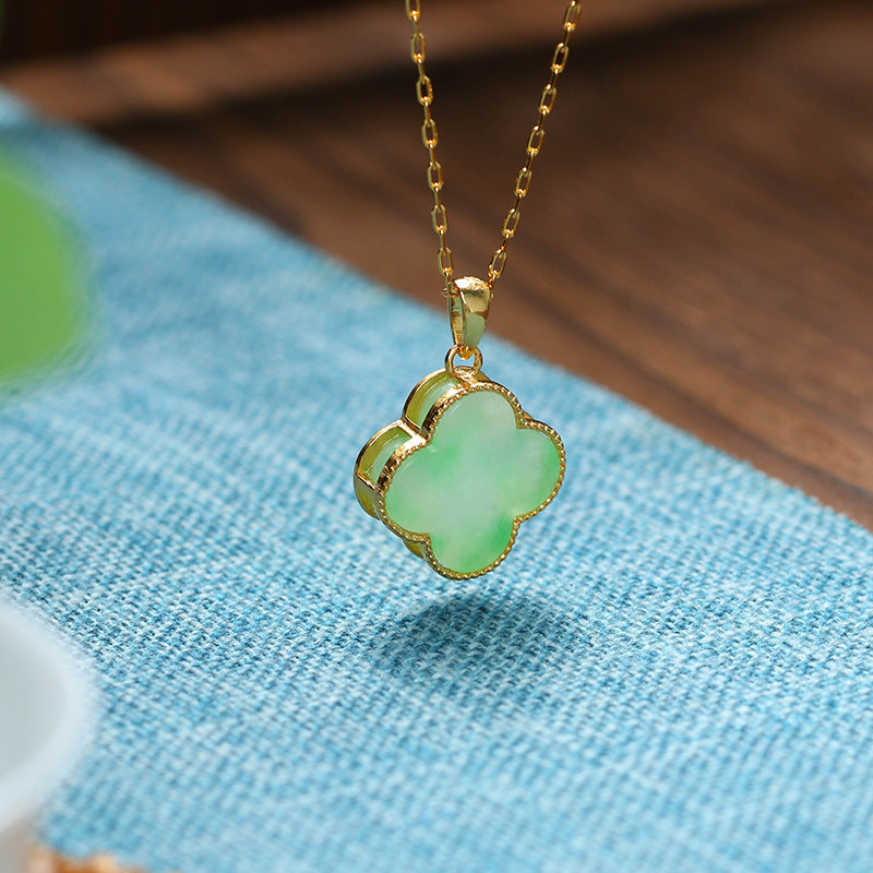Letitdao Ancient Gold-Plated Hetian Jade Lucky Four-Leaf Clover Necklace