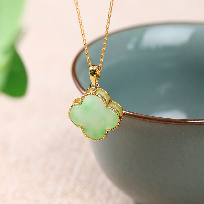 Letitdao Ancient Gold-Plated Hetian Jade Lucky Four-Leaf Clover Necklace