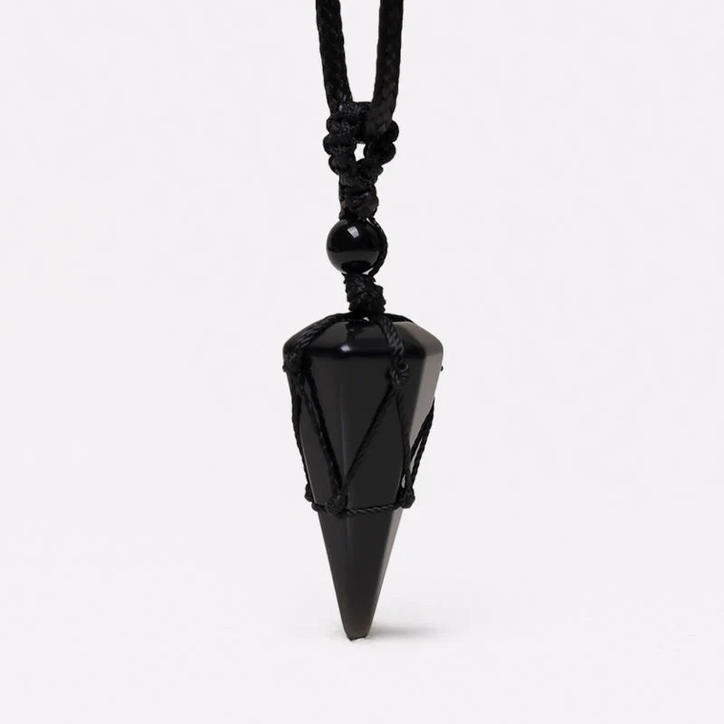 Letitdao Natural Stone Pointed Net Pocket Hexagonal Pillar Pendant Necklace(35MMX21MM)