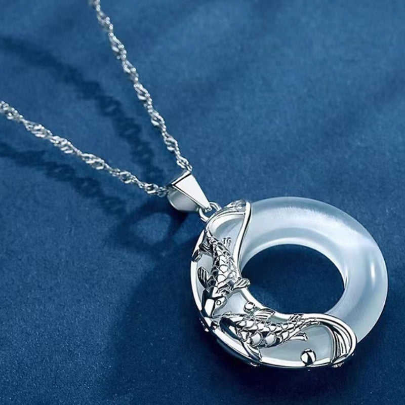 Letitdao S925 Sterling Silver Lucky Koi Fish & Gemstone Inlaid Peace Pendant Necklace