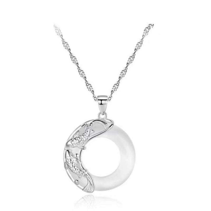 Letitdao S925 Sterling Silver Lucky Koi Fish & Gemstone Inlaid Peace Pendant Necklace