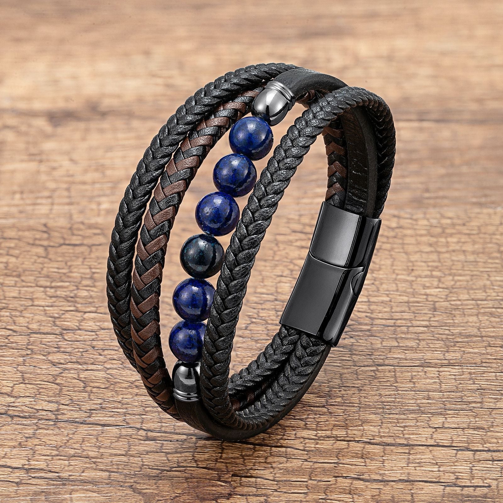Letitdao Tiger's Eye Volcanic Rock Black Agate Lapis Lazuli Hematite Beads Personalized Multi-layer Braided Leather Bracelet