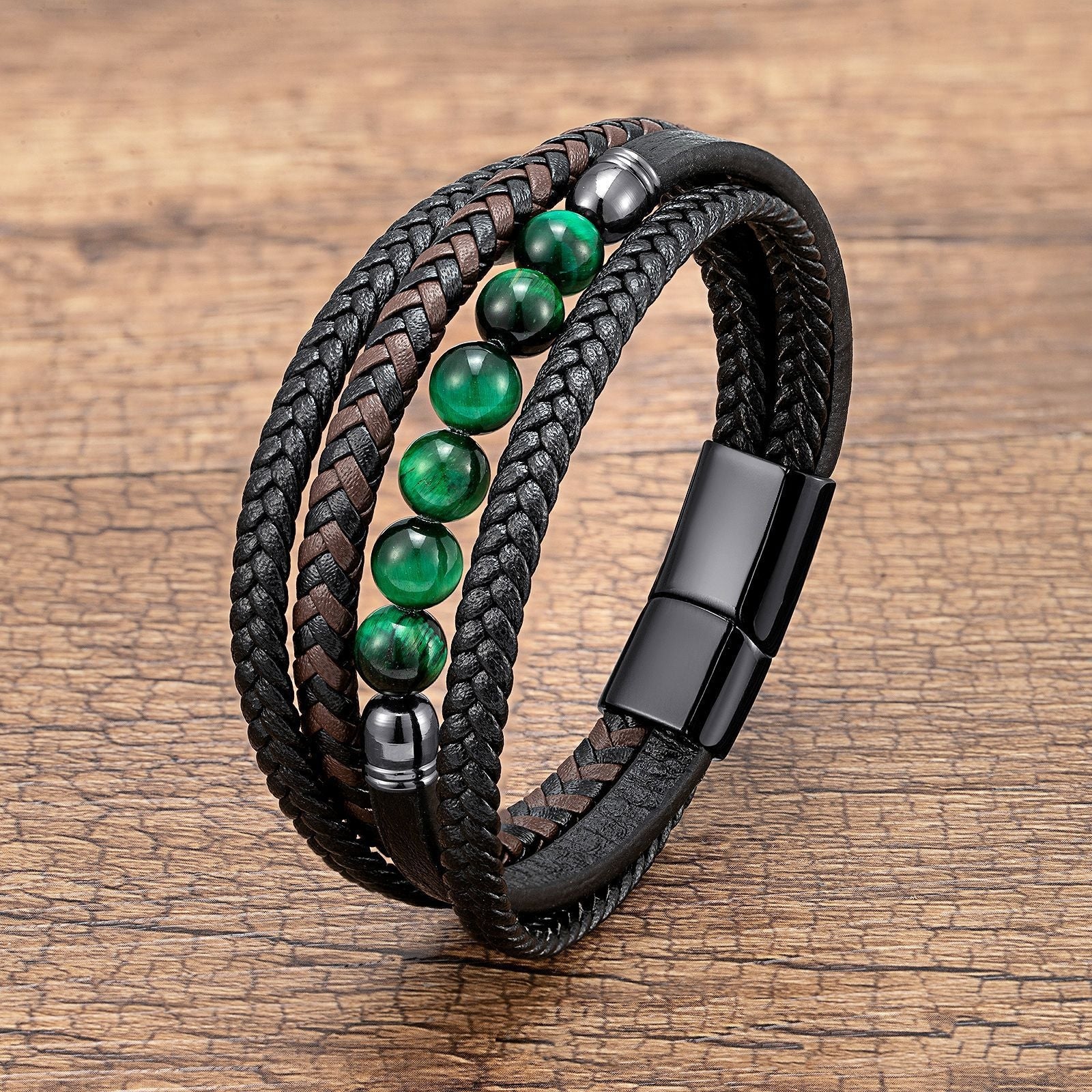 Letitdao Tiger's Eye Volcanic Rock Black Agate Lapis Lazuli Hematite Beads Personalized Multi-layer Braided Leather Bracelet