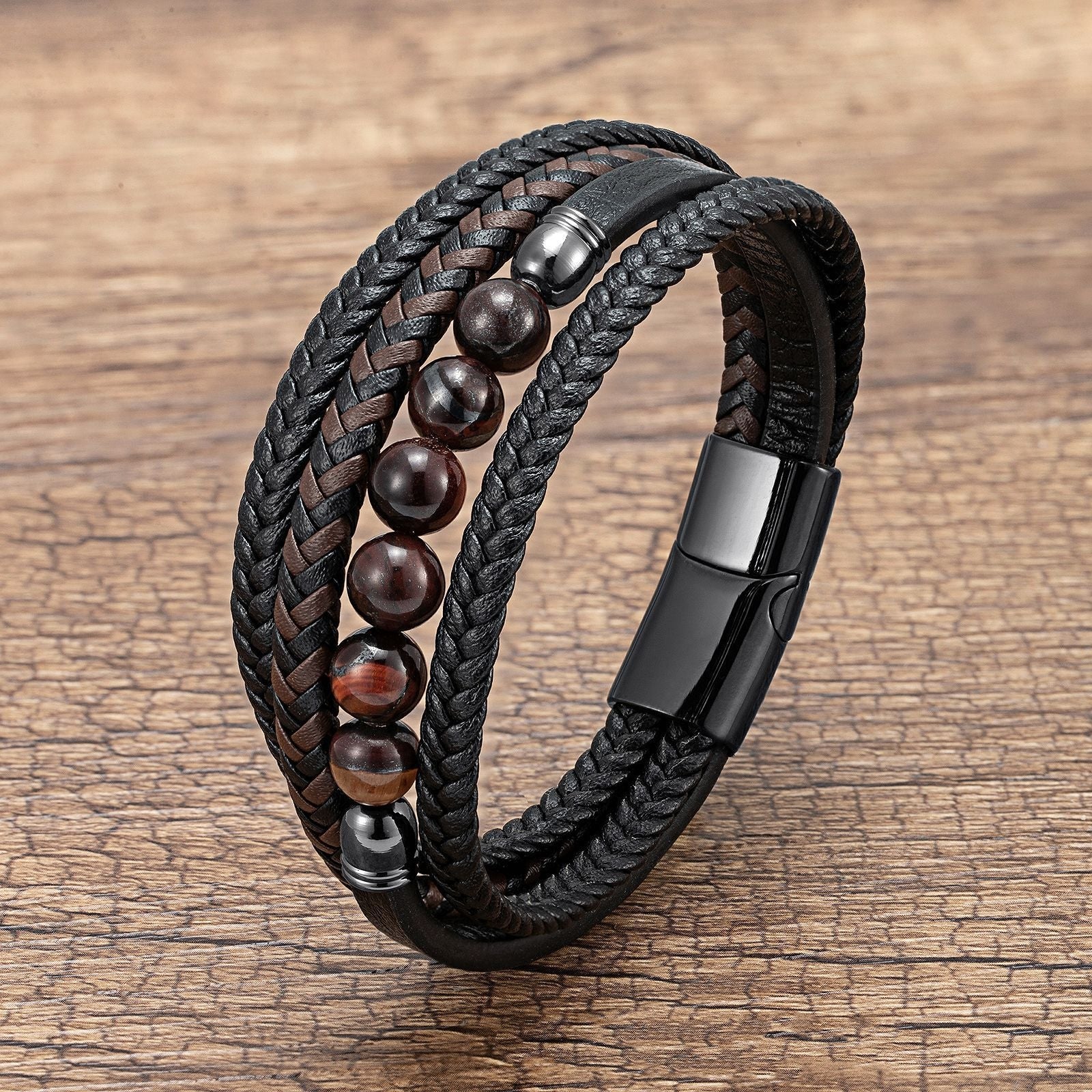 Letitdao Tiger's Eye Volcanic Rock Black Agate Lapis Lazuli Hematite Beads Personalized Multi-layer Braided Leather Bracelet