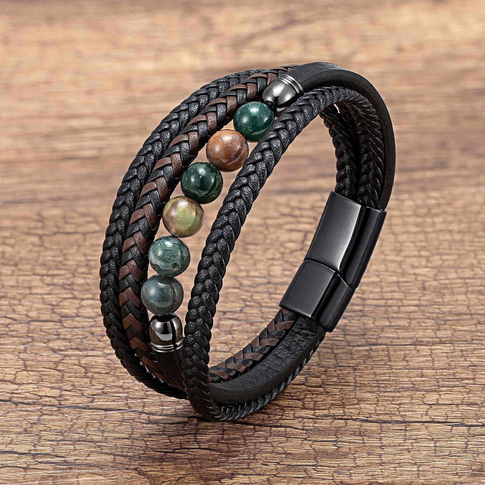 Letitdao Tiger's Eye Volcanic Rock Black Agate Lapis Lazuli Hematite Beads Personalized Multi-layer Braided Leather Bracelet