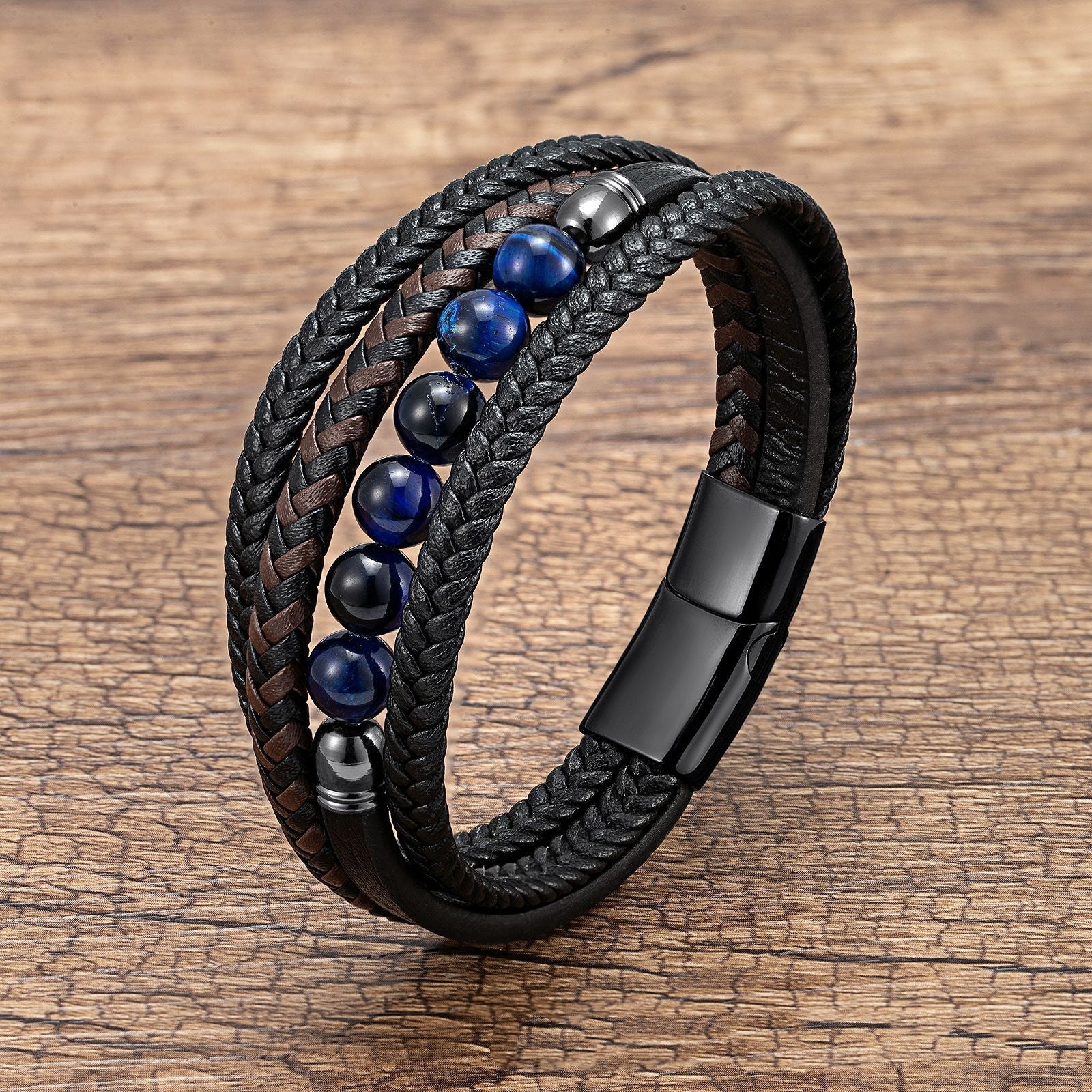 Letitdao Tiger's Eye Volcanic Rock Black Agate Lapis Lazuli Hematite Beads Personalized Multi-layer Braided Leather Bracelet
