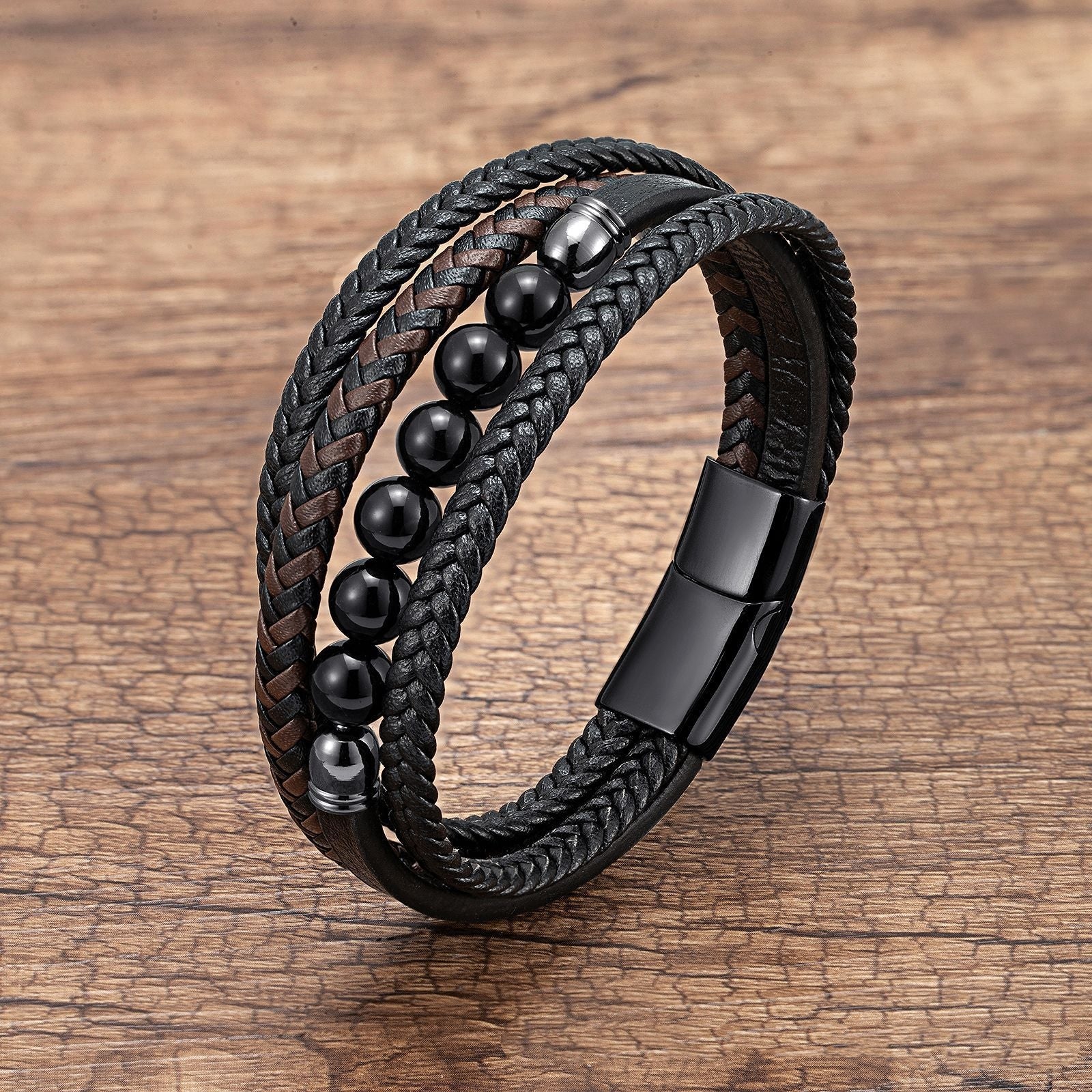 Letitdao Tiger's Eye Volcanic Rock Black Agate Lapis Lazuli Hematite Beads Personalized Multi-layer Braided Leather Bracelet