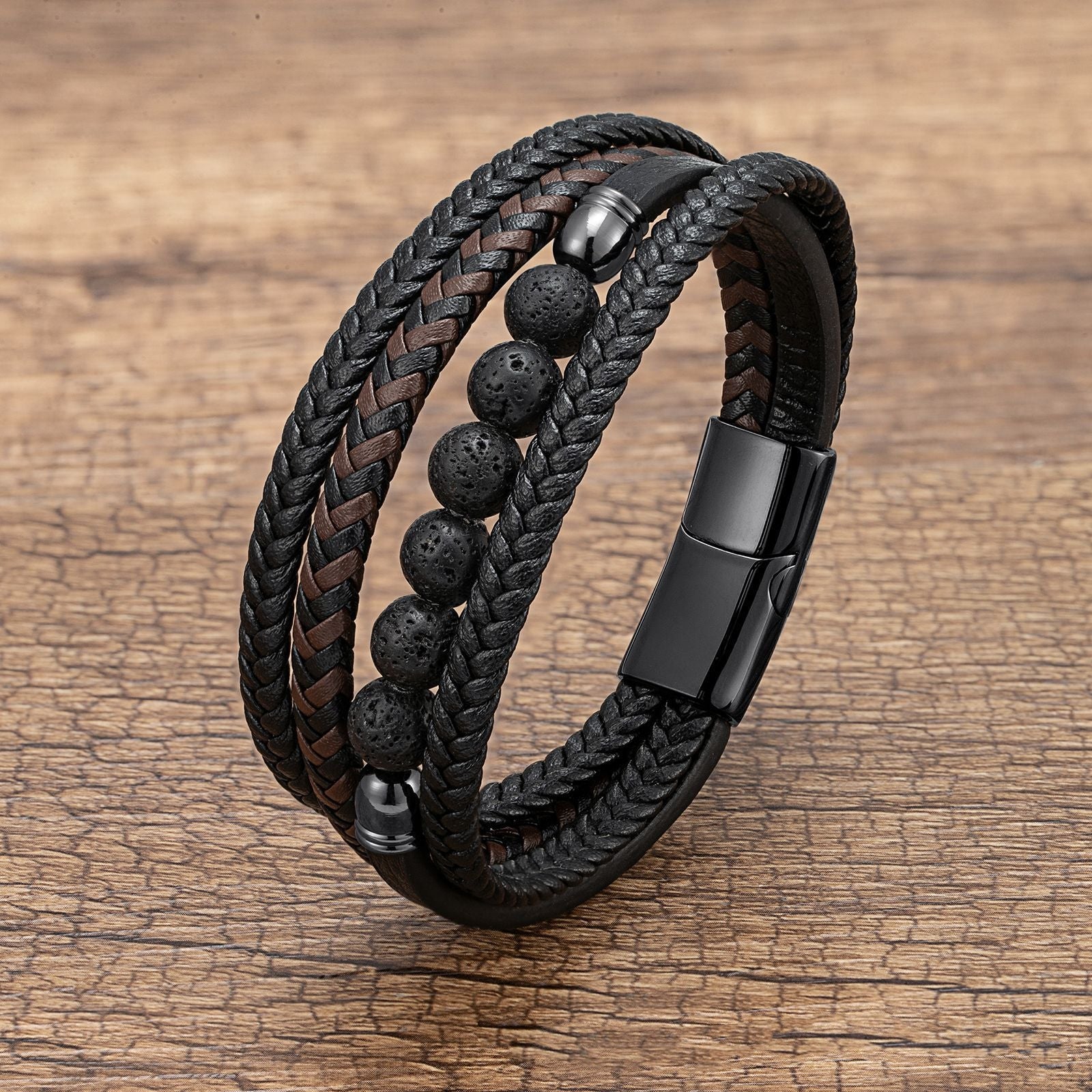 Letitdao Tiger's Eye Volcanic Rock Black Agate Lapis Lazuli Hematite Beads Personalized Multi-layer Braided Leather Bracelet