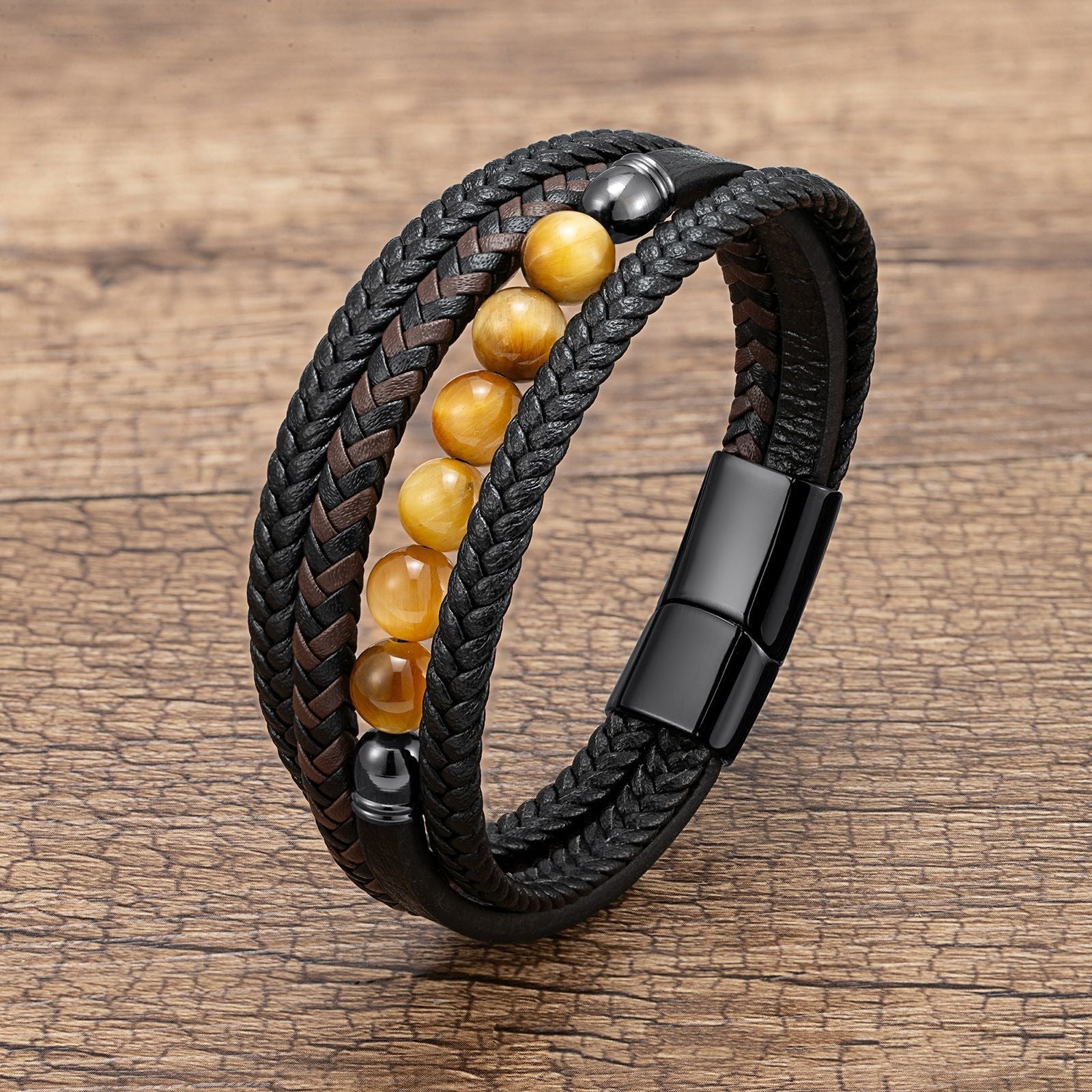 Letitdao Tiger's Eye Volcanic Rock Black Agate Lapis Lazuli Hematite Beads Personalized Multi-layer Braided Leather Bracelet