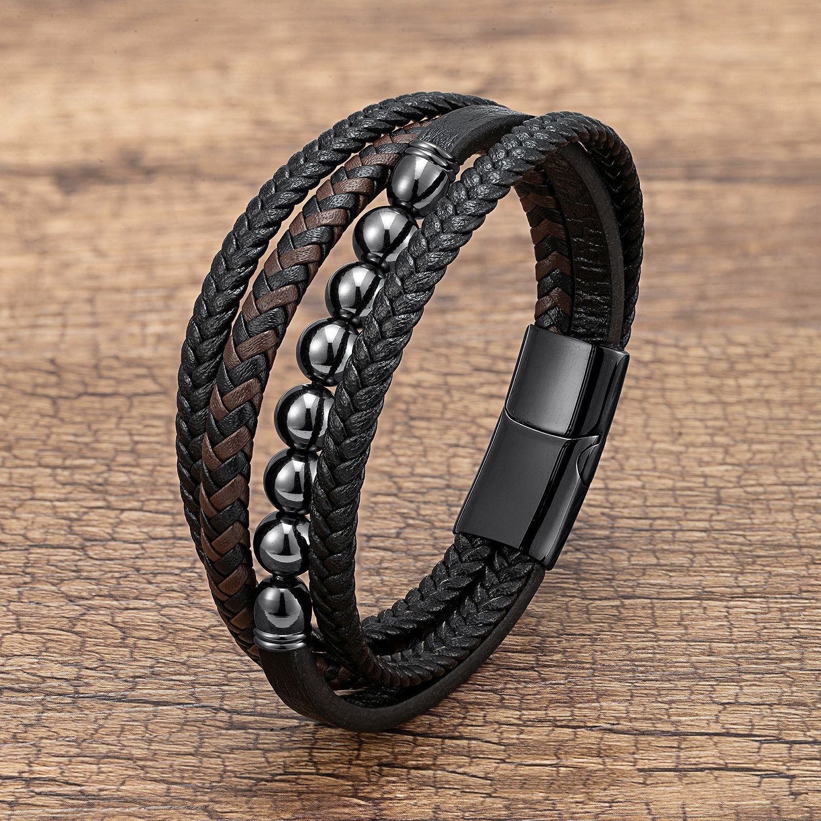 Letitdao Tiger's Eye Volcanic Rock Black Agate Lapis Lazuli Hematite Beads Personalized Multi-layer Braided Leather Bracelet