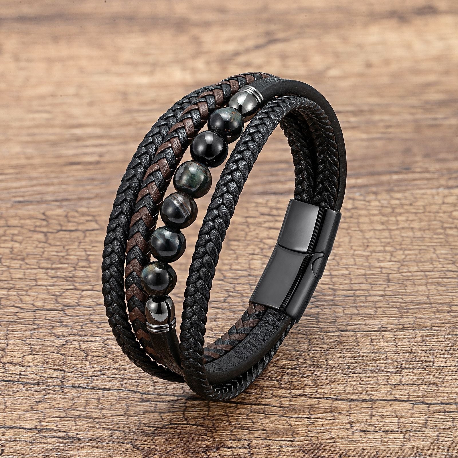 Letitdao Tiger's Eye Volcanic Rock Black Agate Lapis Lazuli Hematite Beads Personalized Multi-layer Braided Leather Bracelet