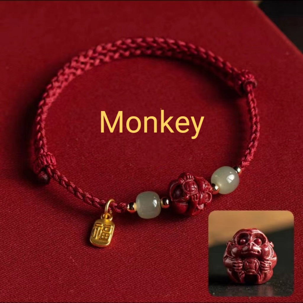 Letitdao Chinese Zodiac Cinnabar & Hetian Jade Red String Lucky Bracelet