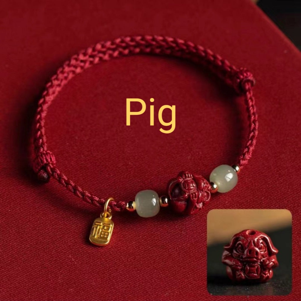 Letitdao Chinese Zodiac Cinnabar & Hetian Jade Red String Lucky Bracelet