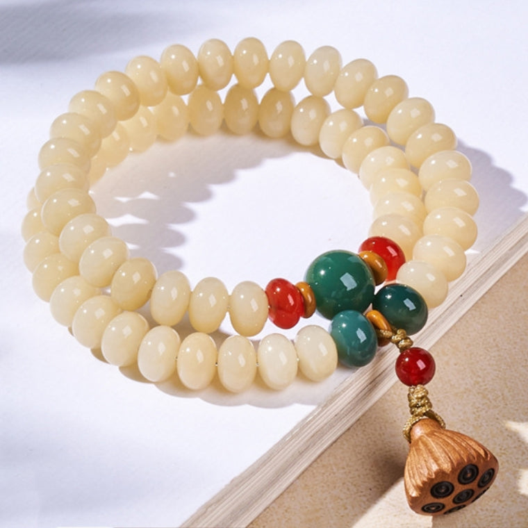 Letitdao Anxiety Relief Bracelet White Bodhi Seed and Wooden Lotus Pendant Necklace Bohemian Style Jewelry