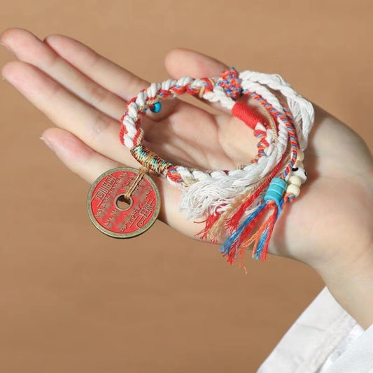 Letitdao Anxiety Relief & Positive Energy Bracelet Vintage Coin & Red Thread Design for Good Luck