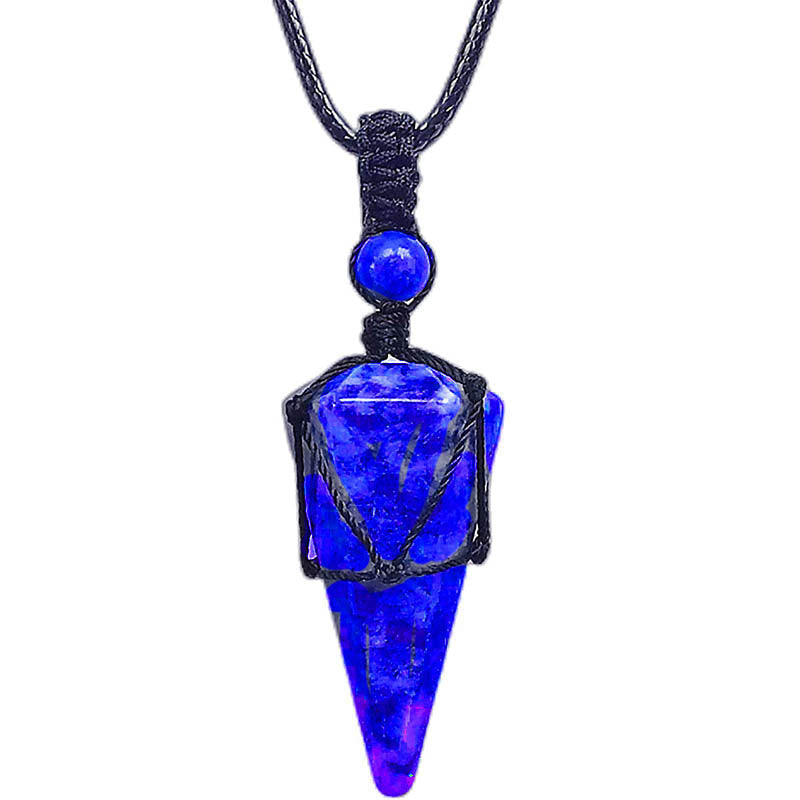 Letitdao Natural Stone Pointed Net Pocket Hexagonal Pillar Pendant Necklace(35MMX21MM)