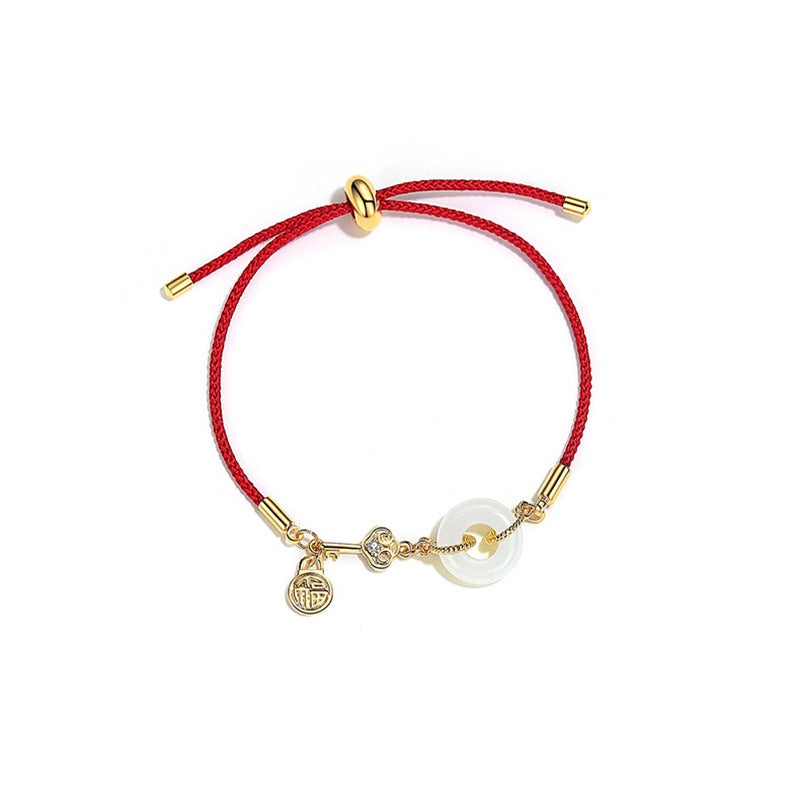 Letitdao Natural Hetian Jade Peace Buckle Red Rope Bracelet - Fortune Word Braided Bracelet
