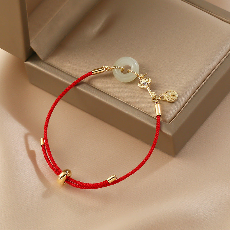 Letitdao Natural Hetian Jade Peace Buckle Red Rope Bracelet - Fortune Word Braided Bracelet