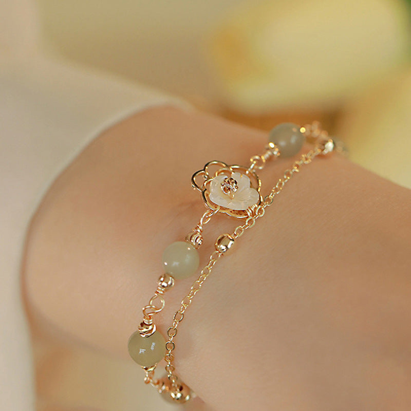 Letitdao Shell & Flower & Butterfly & Hetian Jade Double Layer Lucky Bracelet