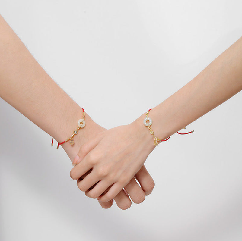 Letitdao Natural Hetian Jade Peace Buckle Red Rope Bracelet - Fortune Word Braided Bracelet