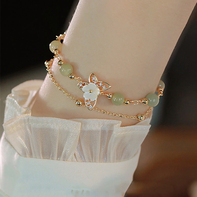 Letitdao Shell & Flower & Butterfly & Hetian Jade Double Layer Lucky Bracelet