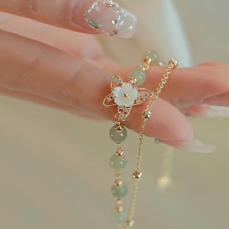 Letitdao Shell & Flower & Butterfly & Hetian Jade Double Layer Lucky Bracelet