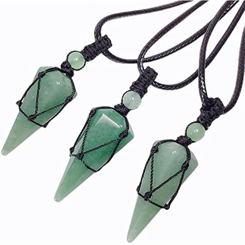 Letitdao Natural Stone Pointed Net Pocket Hexagonal Pillar Pendant Necklace(35MMX21MM)
