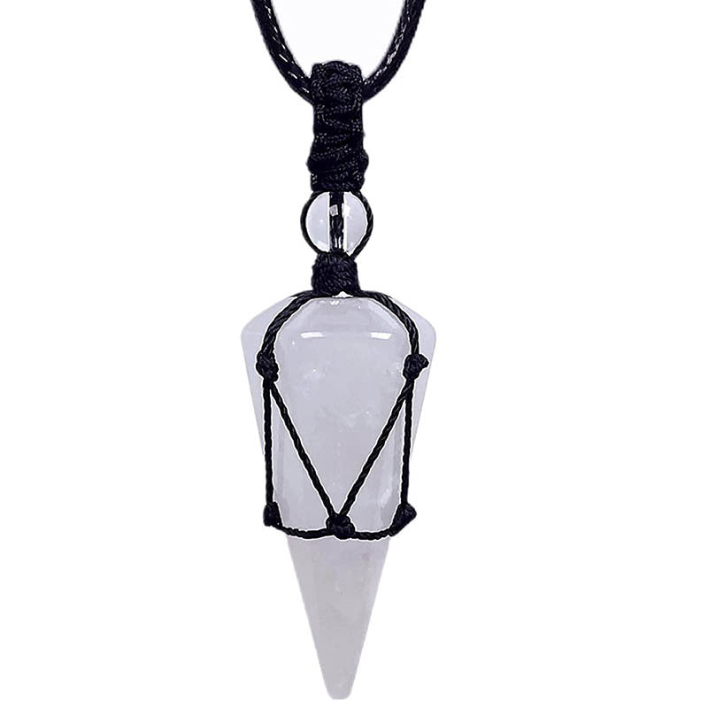 Letitdao Natural Stone Pointed Net Pocket Hexagonal Pillar Pendant Necklace(35MMX21MM)