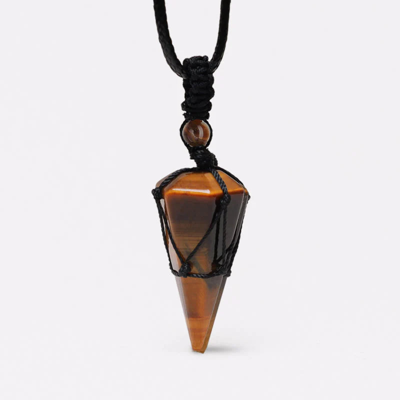 Letitdao Natural Stone Pointed Net Pocket Hexagonal Pillar Pendant Necklace(35MMX21MM)