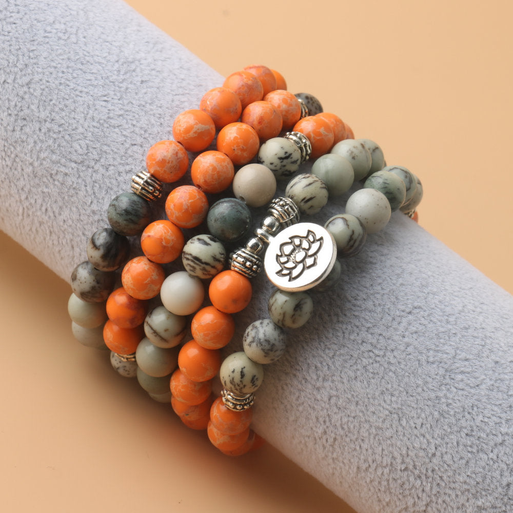 Letitdao Natural Stone 108 Beads Bracelet Necklace Lotus Flower & Imperial Stone Pendant for Energy Balance