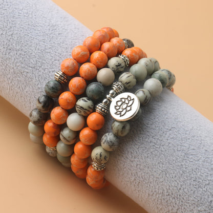 Letitdao Natural Stone 108 Beads Bracelet Necklace Lotus Flower & Imperial Stone Pendant for Energy Balance
