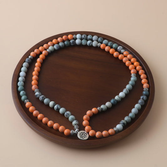 Letitdao Natural Stone 108 Beads Bracelet Necklace Lotus Flower & Imperial Stone Pendant for Energy Balance